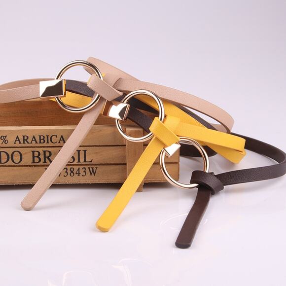 2/$30 Belt Knot Thin Leather Camel Tan Tie Knot Round Metal Buckle Wrap Around - Picture 4 of 5